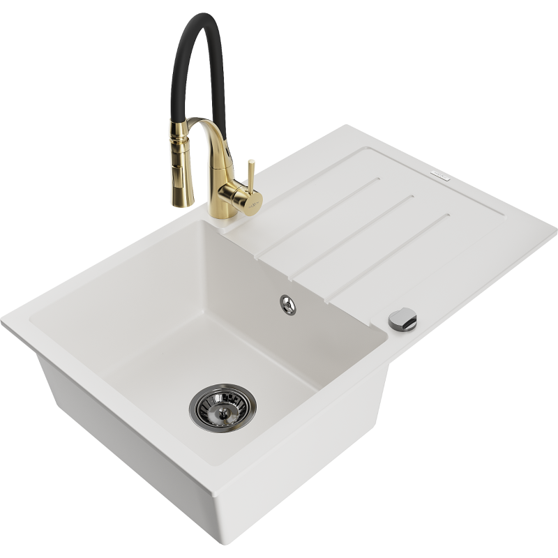 Mexen Bruno 1-compartment granite sink with a drip tray and kitchen mixer tap Aster, White - 6513-20-73450-57-B