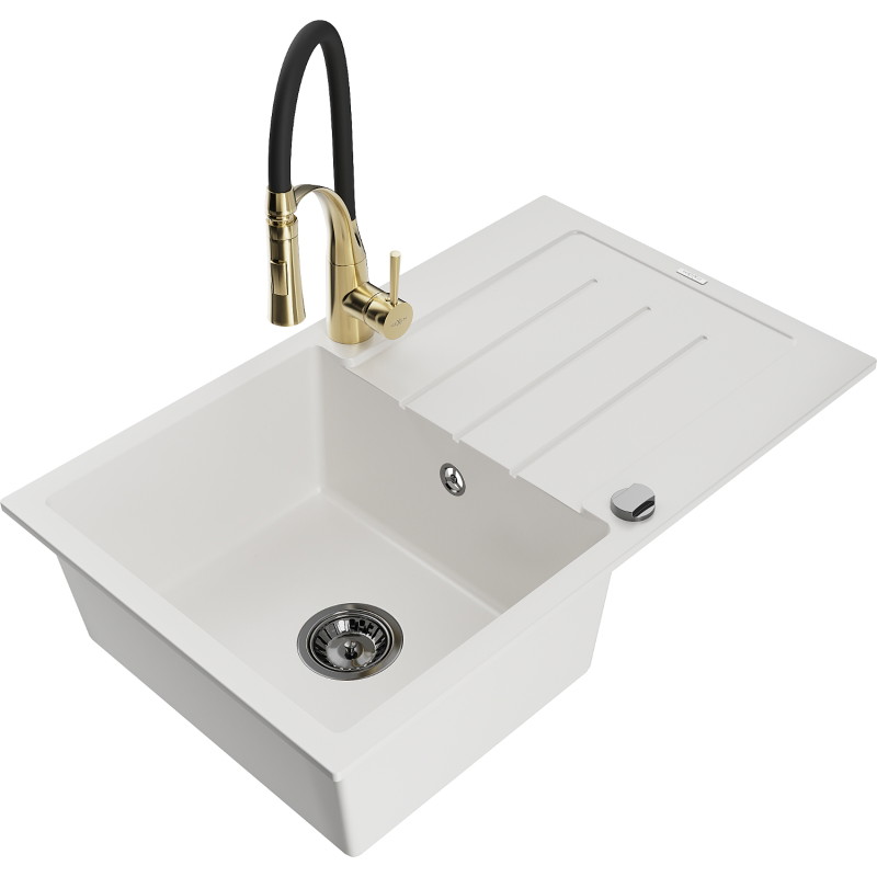 Mexen Bruno granite 1-bowl sink with drainer and Aster kitchen faucet, white - 6513-20-73450-57-B