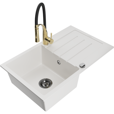 Mexen Bruno 1-bowl granite sink with drainer and Aster kitchen faucet, white - 6513-20-73450-57-B
