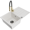 Mexen Bruno 1-bowl granite sink with drainer and Aster kitchen faucet, white - 6513-20-73450-57-B