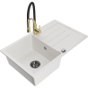 Mexen Bruno granite 1-bowl sink with drainer and Aster kitchen faucet, white - 6513-20-73450-57-B