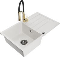 Mexen Bruno 1-bowl granite sink with drainer and Aster kitchen tap, white - 6513-20-73450-57-B