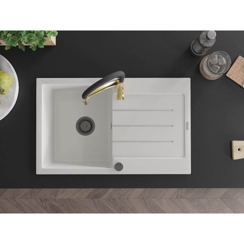 Mexen Bruno 1-bowl granite sink with drainer and Aster kitchen faucet, white - 6513-20-73450-57-B