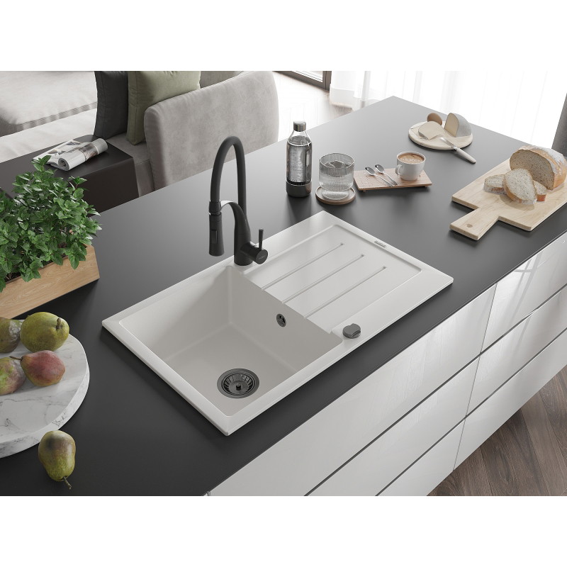 Mexen Bruno granite kitchen sink 1-bowl with drainer and kitchen faucet Aster, white - 6513-20-73450-70-B