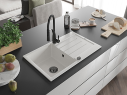 Mexen Bruno granite sink 1-bowl with drainer and Aster kitchen tap, white - 6513-20-73450-70-B