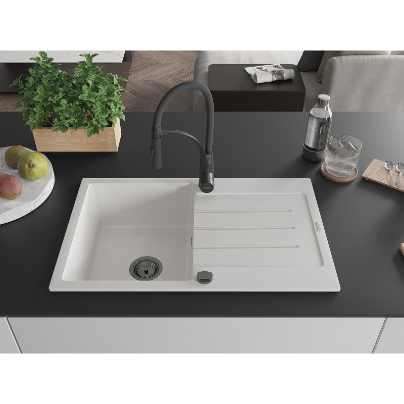 Mexen Bruno granite kitchen sink 1-bowl with drainer and Aster kitchen faucet, white - 6513-20-73450-70-B