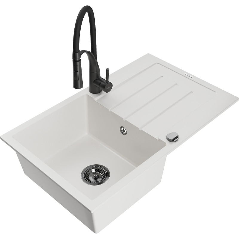 Mexen Bruno granite kitchen sink 1-bowl with drainer and kitchen faucet Aster, white - 6513-20-73450-70-B