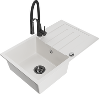 Mexen Bruno granite sink 1-bowl with drainer and Aster kitchen tap, white - 6513-20-73450-70-B