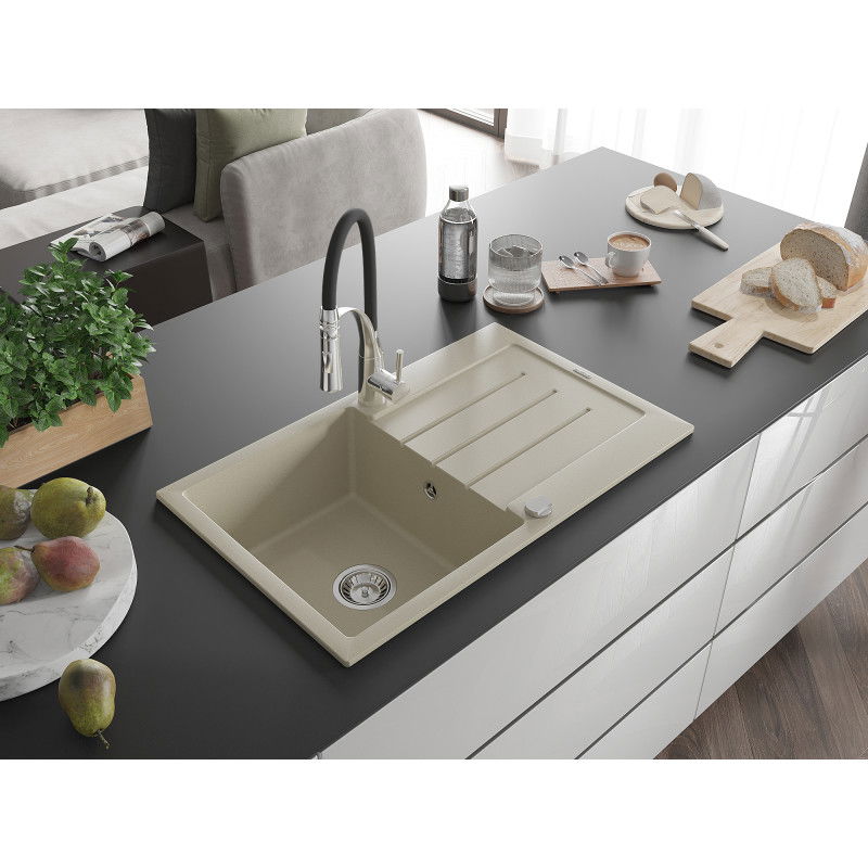 Mexen Bruno 1-bowl granite sink with drainer and Aster kitchen tap, beige - 6513-69-73450-07
