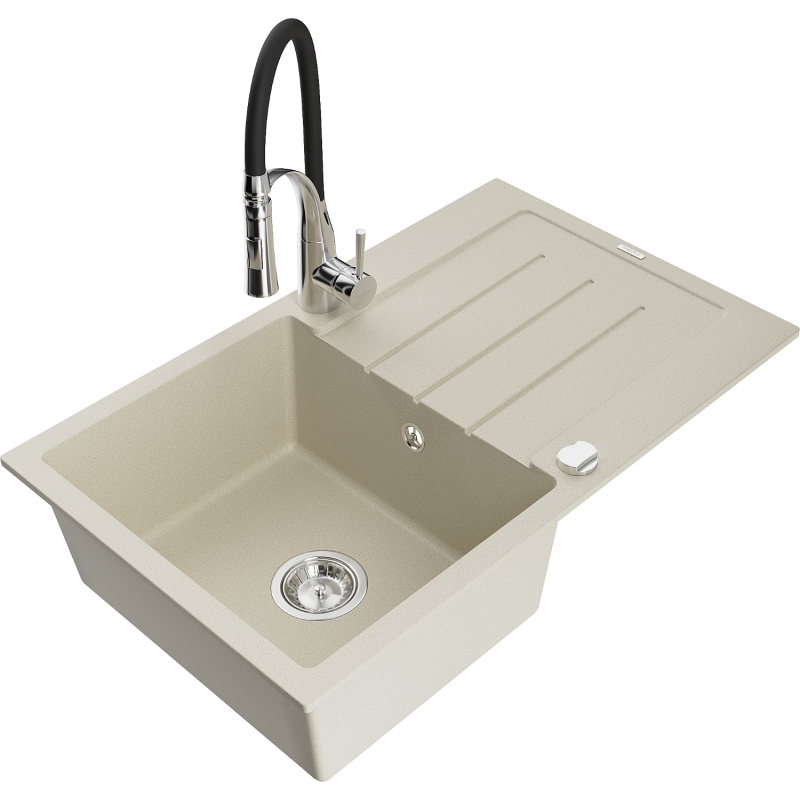 Mexen Bruno 1-bowl granite sink with drainer and Aster kitchen tap, beige - 6513-69-73450-07