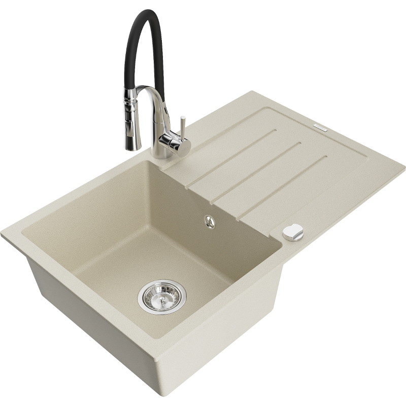 Mexen Bruno granite single-bowl sink with drainer and Aster kitchen faucet, beige - 6513-69-73450-07