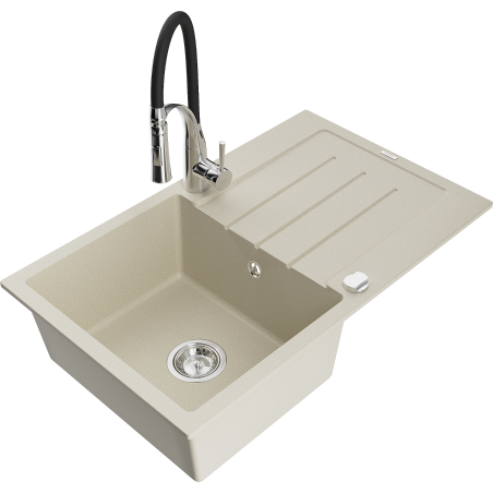 Mexen Bruno granite single-bowl sink with drainer and Aster kitchen faucet, beige - 6513-69-73450-07