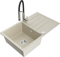 Mexen Bruno 1-bowl granite sink with drainer and Aster kitchen tap, beige - 6513-69-73450-07
