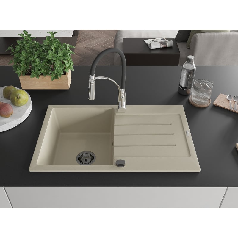 Mexen Bruno 1-bowl granite sink with drainer and Aster kitchen faucet, beige - 6513-69-73450-07-B