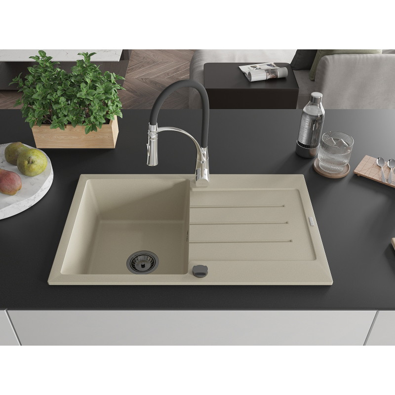 Mexen Bruno granite sink 1-bowl with drainer and kitchen faucet Aster, beige - 6513-69-73450-07-B