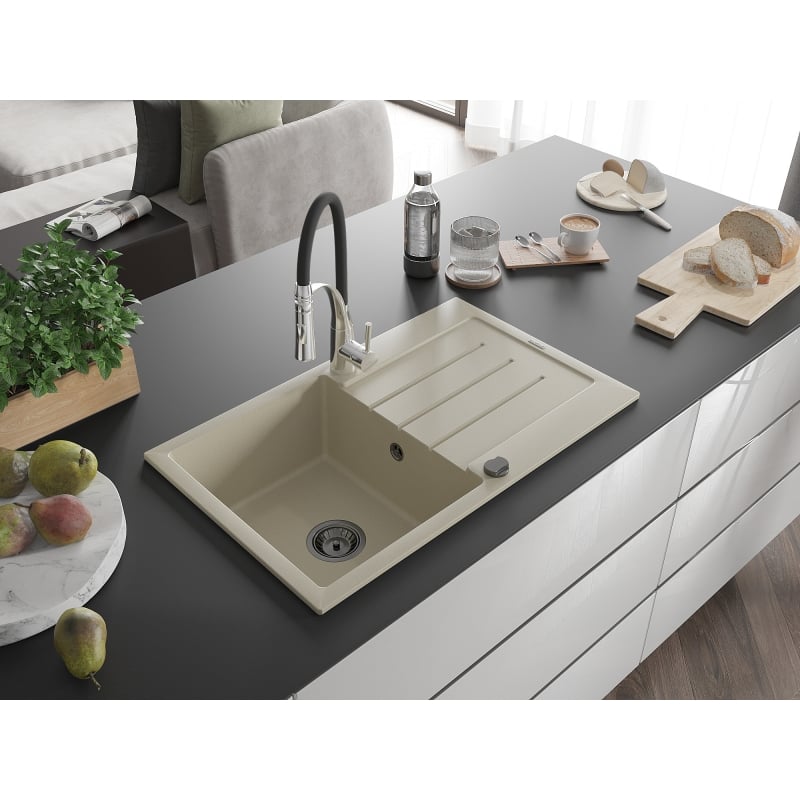 Mexen Bruno 1-bowl granite sink with drainer and Aster kitchen faucet, beige - 6513-69-73450-07-B