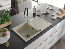 Mexen Bruno 1-compartment granite sink with a drip tray and kitchen mixer tap Aster, Beige - 6513-69-73450-07-B