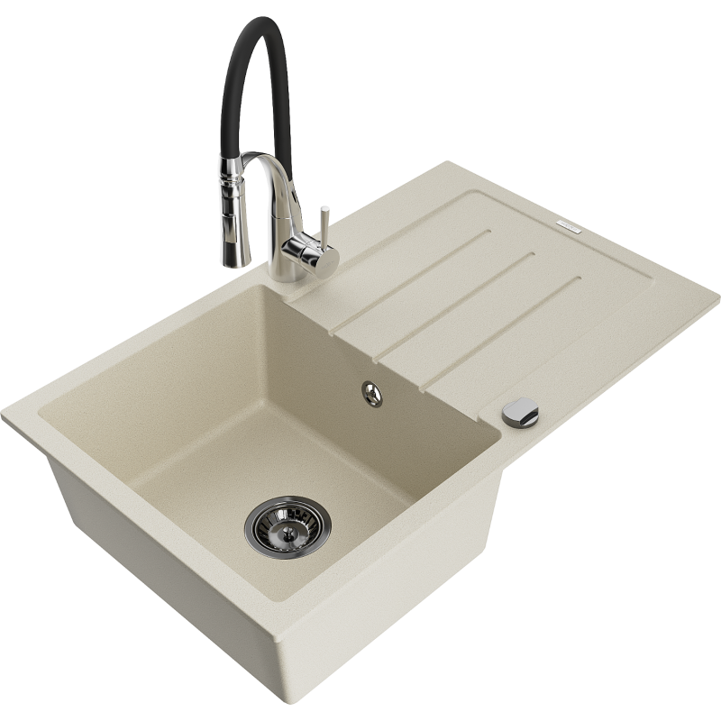 Mexen Bruno 1-compartment granite sink with a drip tray and kitchen mixer tap Aster, Beige - 6513-69-73450-07-B