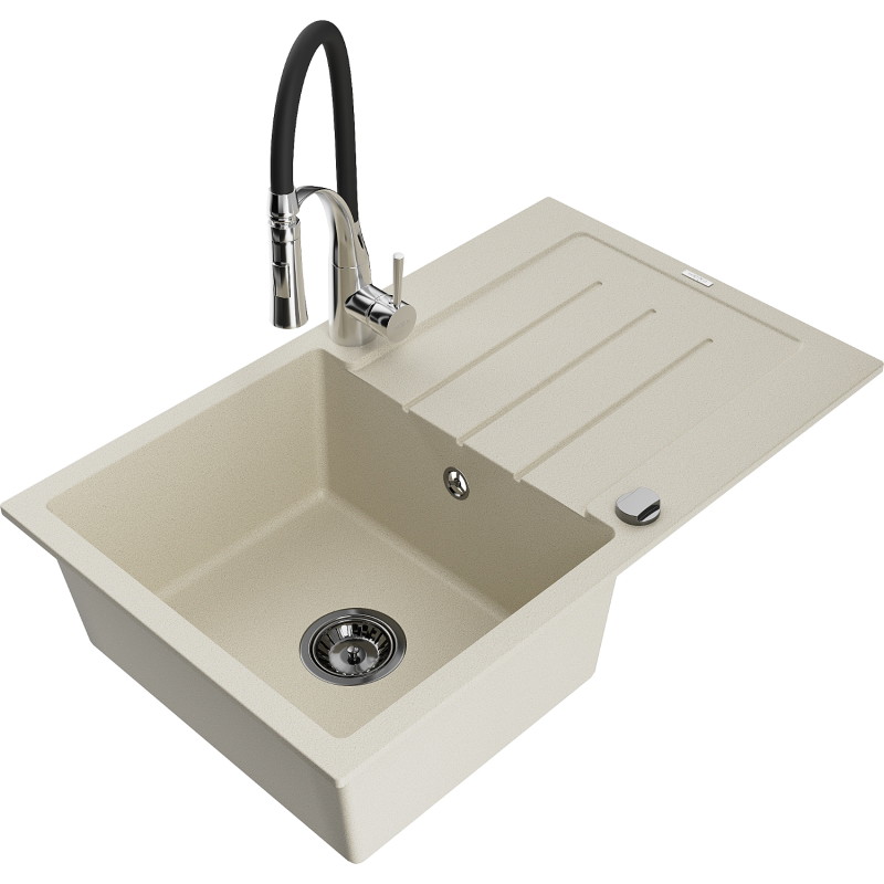 Mexen Bruno granite sink 1-bowl with drainer and kitchen faucet Aster, beige - 6513-69-73450-07-B