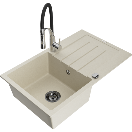 Mexen Bruno 1-bowl granite sink with drainer and Aster kitchen faucet, beige - 6513-69-73450-07-B