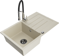 Mexen Bruno 1-bowl granite sink with drainer and Aster kitchen tap, beige - 6513-69-73450-07-B