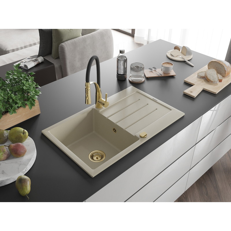 Mexen Bruno 1-bowl granite sink with drainer and Aster kitchen faucet, beige - 6513-69-73450-57-G