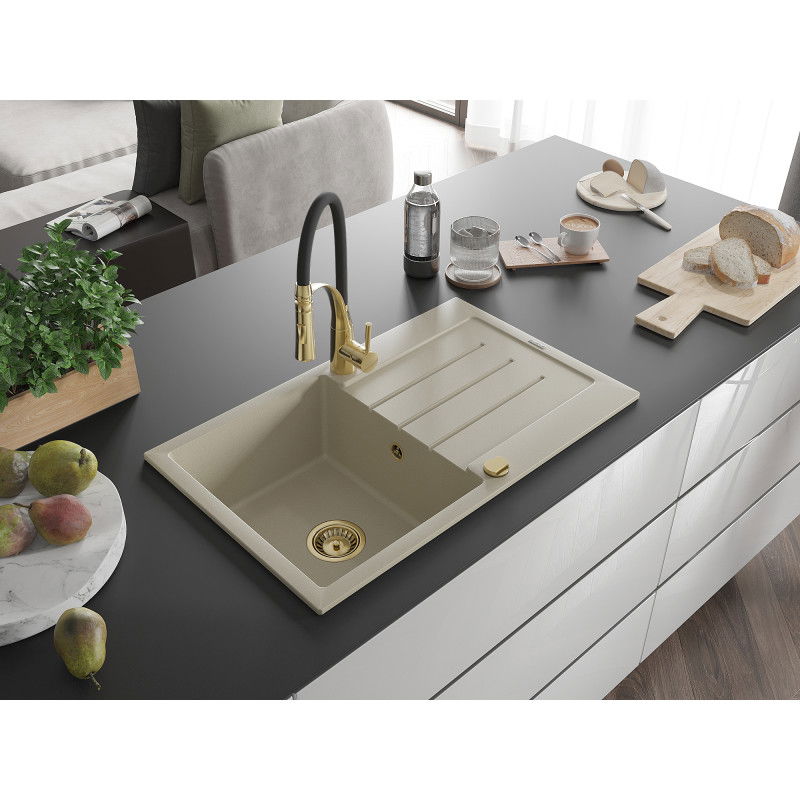 Mexen Bruno granite sink single-bowl with drainer and Aster kitchen tap, beige - 6513-69-73450-57-G
