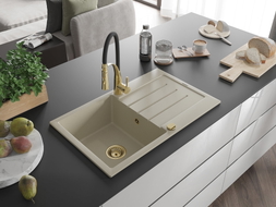 Mexen Bruno 1-bowl granite sink with drainer and Aster kitchen faucet, beige - 6513-69-73450-57-G