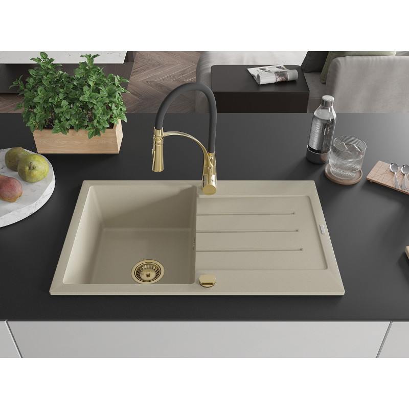 Mexen Bruno 1-bowl granite sink with drainer and Aster kitchen faucet, beige - 6513-69-73450-57-G