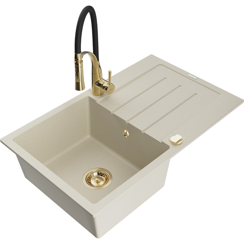 Mexen Bruno 1-bowl granite sink with drainer and Aster kitchen faucet, beige - 6513-69-73450-57-G