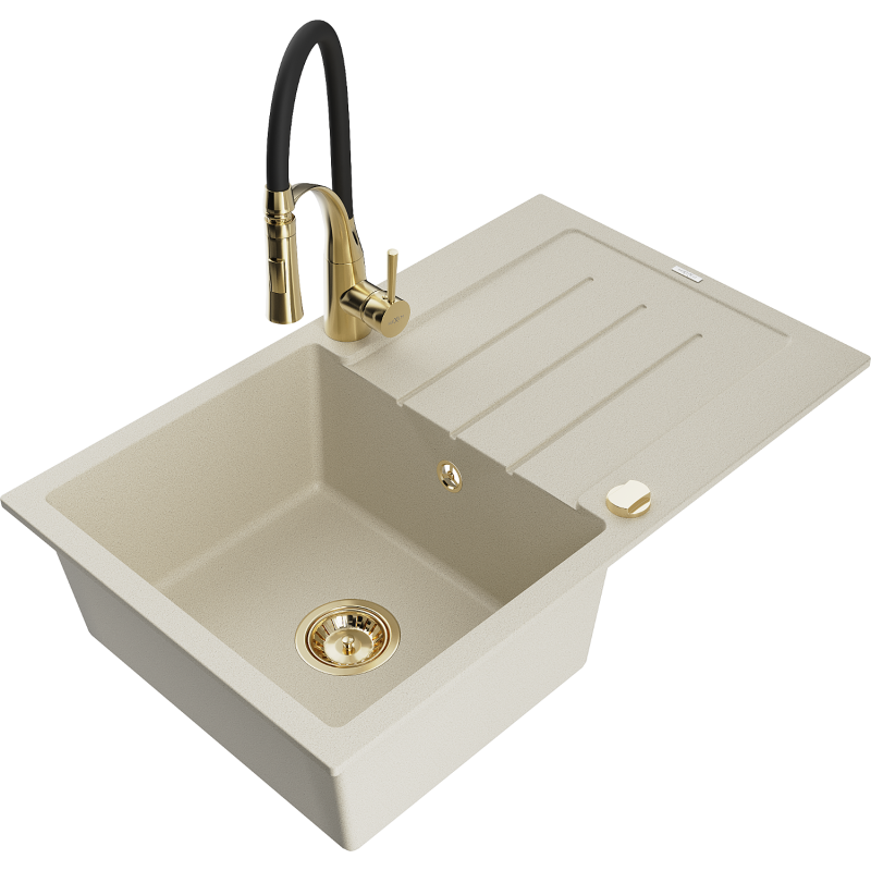 Mexen Bruno granite sink single-bowl with drainer and Aster kitchen tap, beige - 6513-69-73450-57-G