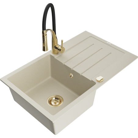 Mexen Bruno 1-bowl granite sink with drainer and Aster kitchen faucet, beige - 6513-69-73450-57-G