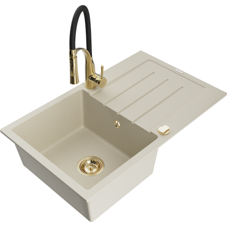 Mexen Bruno granite sink single-bowl with drainer and Aster kitchen tap, beige - 6513-69-73450-57-G