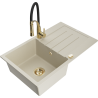Mexen Bruno 1-bowl granite sink with drainer and Aster kitchen faucet, beige - 6513-69-73450-57-G