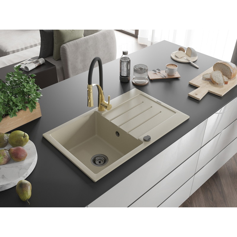 Mexen Bruno granite kitchen sink 1-bowl with drainer and Aster kitchen faucet, beige - 6513-69-73450-57-B