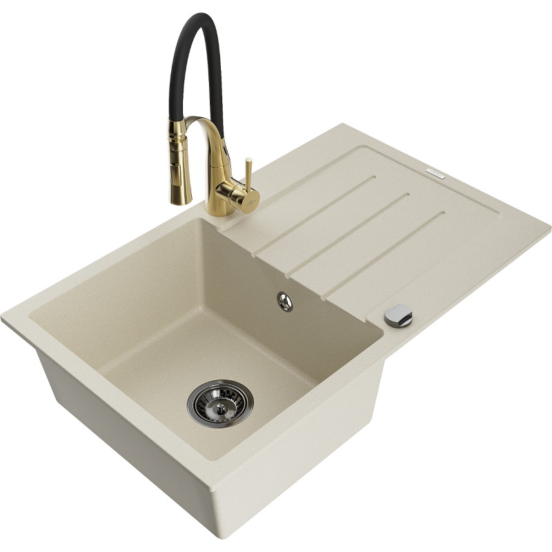 Mexen Bruno granite single-bowl sink with drainer and Aster kitchen faucet, beige - 6513-69-73450-57-B