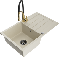 Mexen Bruno granite sink 1-bowl with drainer and Aster kitchen tap, beige - 6513-69-73450-57-B