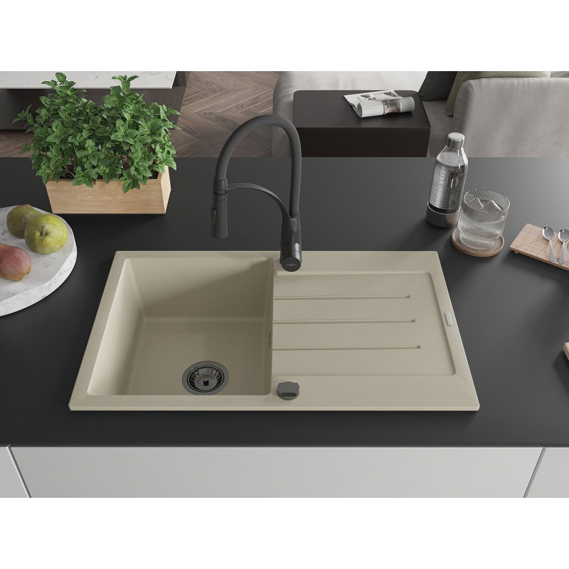 Mexen Bruno single-bowl granite sink with drainer and Aster kitchen faucet, beige - 6513-69-73450-70-B