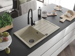 Mexen Bruno granite sink 1-bowl with drainer and Aster kitchen tap, beige - 6513-69-73450-70-B