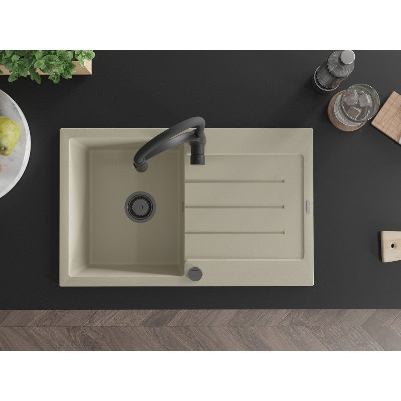 Mexen Bruno granite sink 1-bowl with drainer and Aster kitchen tap, beige - 6513-69-73450-70-B