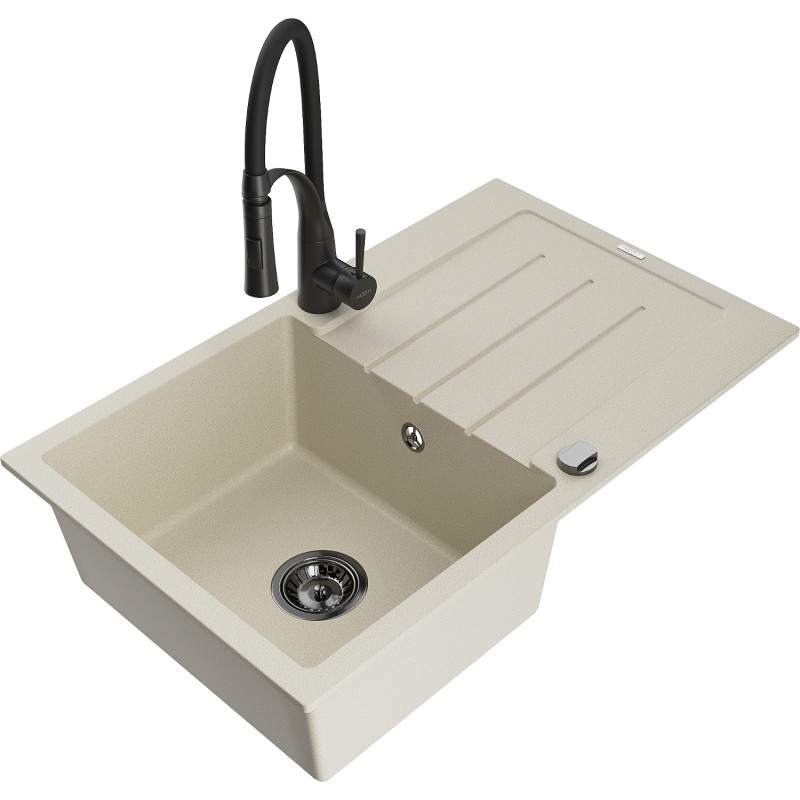 Mexen Bruno 1-bowl granite kitchen sink with drainer and kitchen faucet Aster, beige - 6513-69-73450-70-B