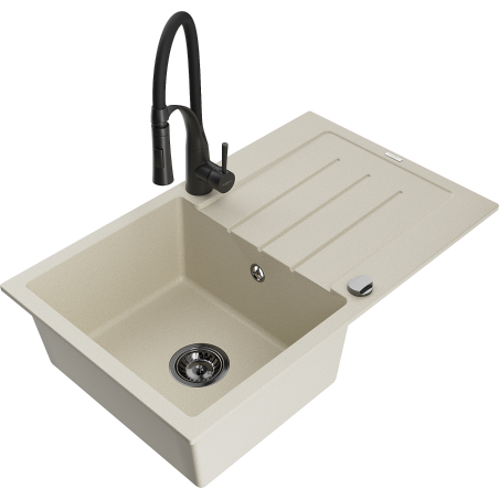 Mexen Bruno granite sink 1-bowl with drainer and Aster kitchen tap, beige - 6513-69-73450-70-B