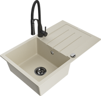 Mexen Bruno granite sink 1-bowl with drainer and Aster kitchen tap, beige - 6513-69-73450-70-B