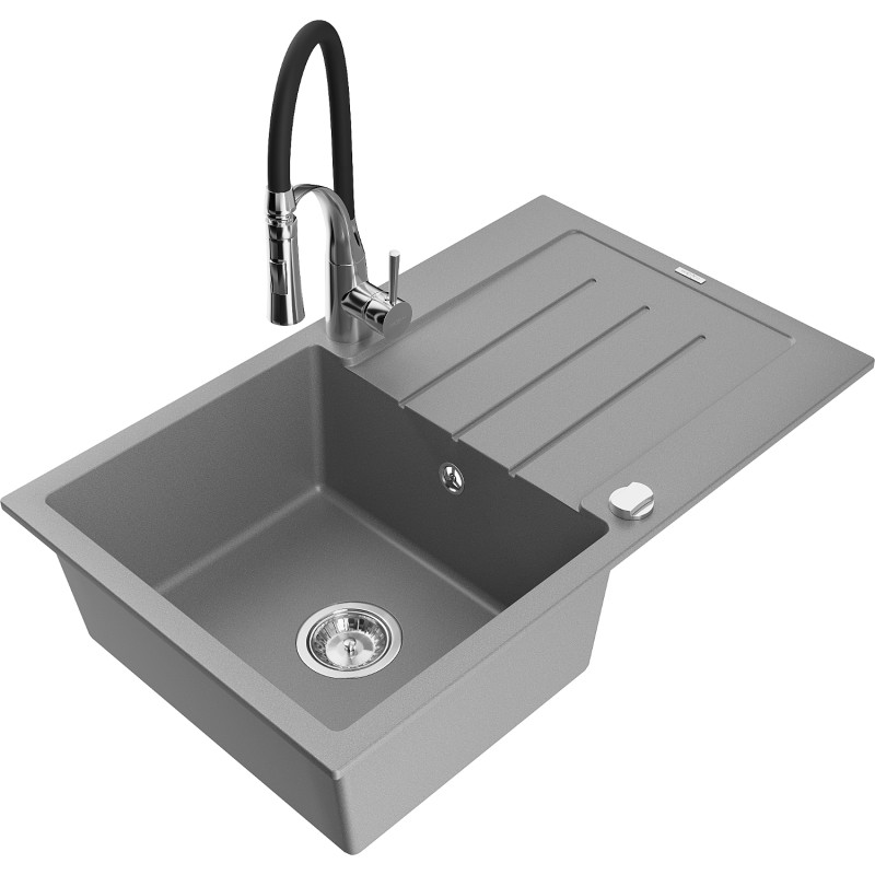 Mexen Bruno granite kitchen sink 1-bowl with drainer and kitchen faucet Aster, gray - 6513-71-73450-07