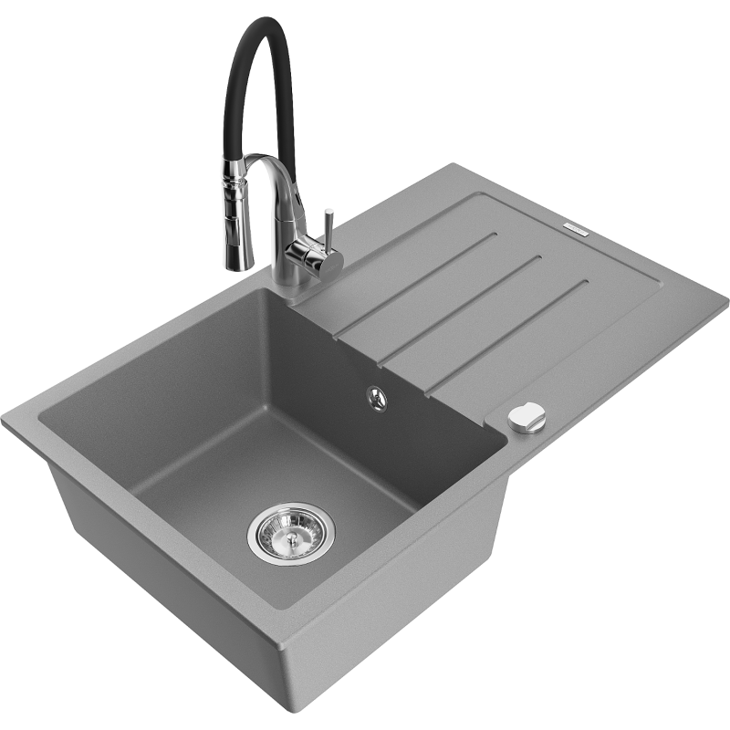 Mexen Bruno granite sink 1-bowl with drainer and Aster kitchen tap, grey - 6513-71-73450-07