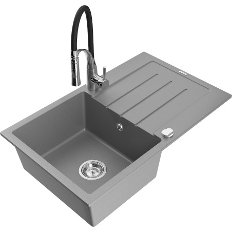 Mexen Bruno 1-compartment granite sink with a drip tray and kitchen mixer tap Aster, Grey - 6513-71-73450-07