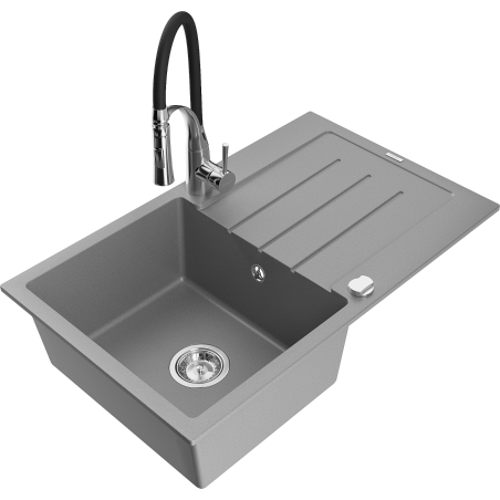 Mexen Bruno granite sink 1-bowl with drainer and Aster kitchen tap, grey - 6513-71-73450-07