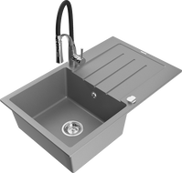 Mexen Bruno granite sink 1-bowl with drainer and Aster kitchen tap, grey - 6513-71-73450-07