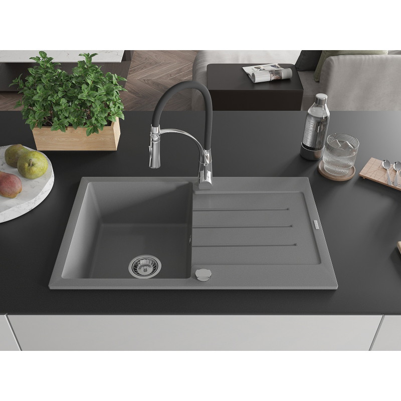 Mexen Bruno 1-Bowl Granite Sink with Drainer and Aster Kitchen Faucet, Gray - 6513-71-73450-07