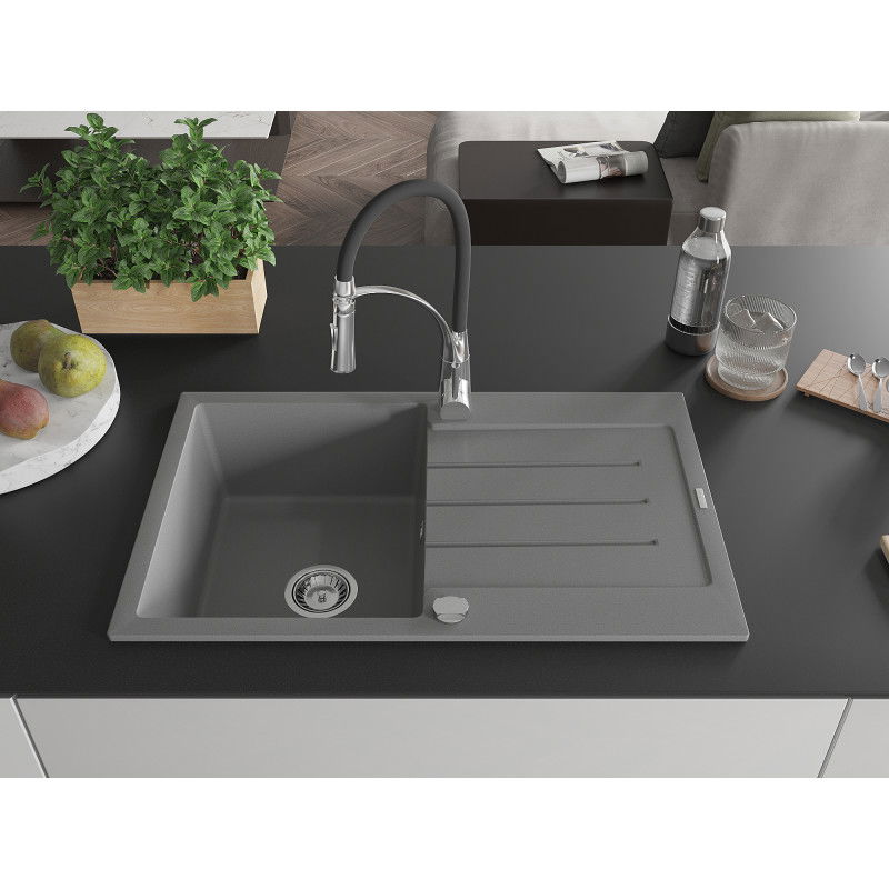 Mexen Bruno granite sink 1-bowl with drainer and Aster kitchen tap, grey - 6513-71-73450-07